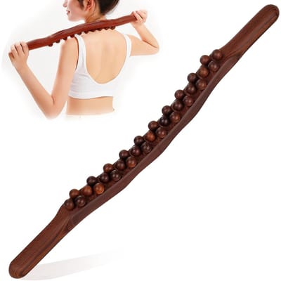 ComfiCare® Massage roller 58 cm – Massage stok voor rug, buik en benen – Massage stick tegen spierpijn & cellulite - Gua Sha wooden therapy staaf - Thera cane - 31 Massageballen - Shiatsu - Hout – Donkerbruin