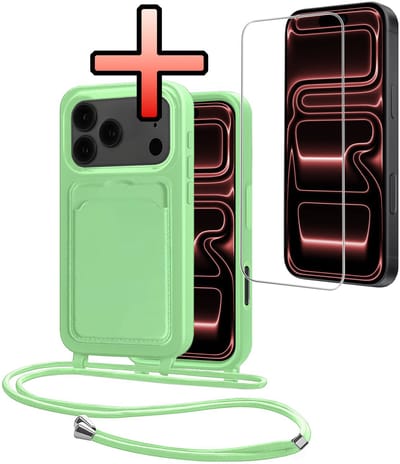 Hoes Geschikt voor iPhone 17 Pro Hoesje Pasjeshouder Cover Met Koord Case Siliconen Hoes Met Telefoonkoord en Kaarthouder Met Screenprotector - Groen