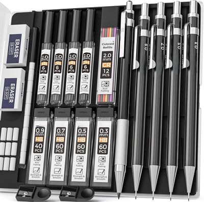 PromoHome Complete Tekenen Potlood Set met Metal Behuizing - 5 Vulpotloden (0.3, 0.5, 0.7, 0.9, 2.0mm) + Loodvullingen, Gummen en Opbergkoffer voor Kunstenaars en Studenten