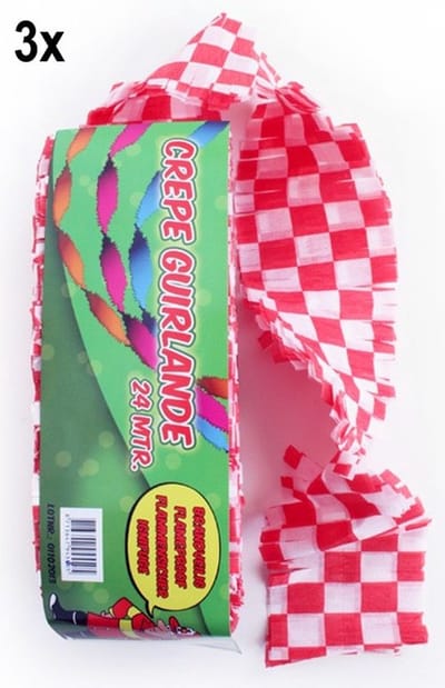 3x Crepe guirlande brandveilig rood/wit geblokt 24meter - Carnaval Brabant thema feest festival versiering