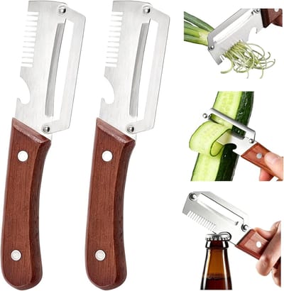 2 stuks multifunctionele groenteschiller, 3-in-1 dunschiller, getand met houten handvat, groenteschiller en flesopener, spaardunschiller van roestvrij staal lemmet, aardappelschiller voor keuken en