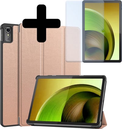 Hoes - Geschikt voor Lenovo Tab M10 5G - Met Screenprotector - Trifold Bookcase - Hard Cover - Hardcover Book Case - Tablet Hoesje - Rosé goud