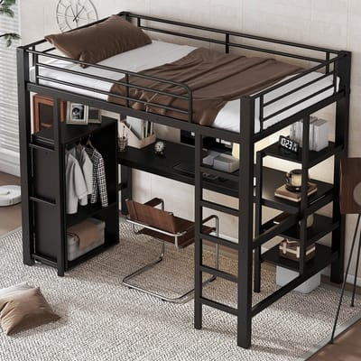 STILVORA Stapelbed 90x200 Cm – Met Bureau En Kledingkast – 5-Traps Ladder – Veel Opbergruimte – Voor Kinder En Tieners – Metaal En MDF – Zonder Matras – Zwart
