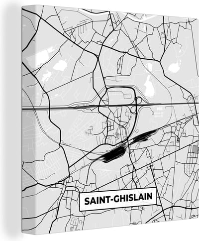 Canvas Schilderij Zwart Wit – België – Plattegrond – Stadskaart – Kaart – Saint Ghislain - 20x20 cm - Wanddecoratie