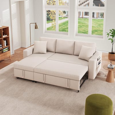BLACKCOLORS - Slaapbank met Slaapfunctie - L-Vormige Bank - Met Chaise Longue en Opbergruimte - Opbergruimte voor Tassen - Chaise Longue Links/Rechts Verwisselbaar - Beige - Voor Woonkamer