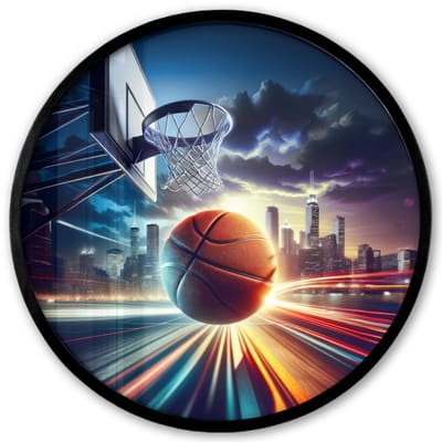 Poster in lijst Rond - Fotolijst 40x40 cm - Posters - Basketbal - Sport - Basket - Stad - Ronde posterlijst zwart - Decoratie - Wanddecoratie woonkamer - Muurdecoratie slaapkamer
