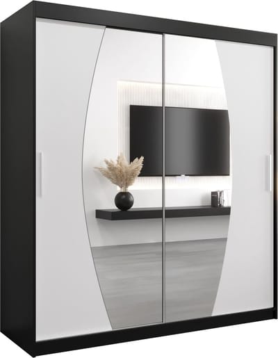 InspireMe - Kledingkast met 2 schuifdeuren, Modern-stijl, Een kledingkast met planken en een spiegel (BxHxD): 180x200x62 - GLOBE 180 Zwart Mat + Wit Mat