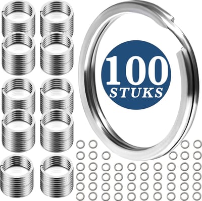 100 Stuks Platte Sleutelringen, 100 Open Springringetjes & 50 Schroefoogjes - 350-Delig DIY Sleutelhangers Ringen Set - Keychain Sleutels Maken - Splitringen voor Hobby & Sleutellabels - Metalen Keyrings Knutselen - 25mm - Zilver