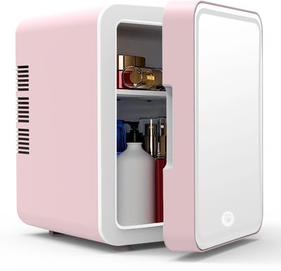 Mini koelkast 4L - Auto koelkast- Voor eten & drinken - Skincare & make-up fridge - Spiegel en LED-verlichting - USB - Roze