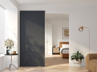 Vente-unique Schuifdeur in hout en MDF met onzichtbare rail - Geribbeld zwart - B93 x H210 cm - LORVISA