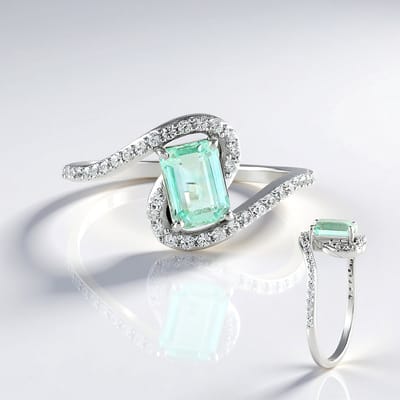 Cavill - Elegante Ring met Paraiba Smaragd 0,774 ct & 38 Zirkonia - 925 Sterling Zilver Platina Verguld - Moderne Achthoekig Sieraad