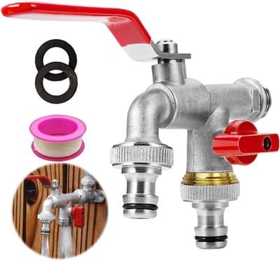 Tuinkraan 1/2 Inch Dubbele Kraan met 3/4 Inch Dubbele Uitloop, Messing Buitenballenkraan, Roest- en Vorstbestendige Afvoer voor Tuin en Wasmachine