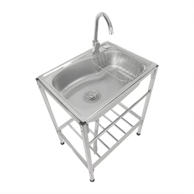 Vrijstaande RVS Spoelbak – Mobiele Keukenspoelbak met Afvoer en Mand – Met Tussenplank – 60x45x75 cm – Zilver