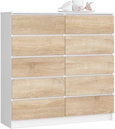 Ladekast K120 met 10 Lades / AKORD Furniture Factory / Wit – Sonoma Eik / 120 x 121 x 40 cm