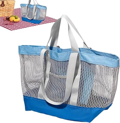 Strandtas - Mesh Tote Bag - Ruime Handtas - Reisorganizer - Casual Strandtas - Ideaal voor Reizen, Kamperen, Vakanties en Zomershoppen - 34*21*31 cm - Blauw
