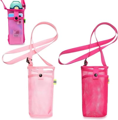 2 Stuks Waterfles Tote Tassen met Verstelbare Schouderband en Pocket - Roze Fles Houder voor Sport, Kamperen en Wandelen