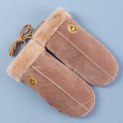 Wanten suede smiley tiener - bruin - maat 5/6 - wanten voor kind/tiener - 8 tot 11 jaar - suède look met faux fur boord - STUDIO Ivana