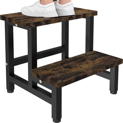 Houten Opstapje - Dubbele Trede - Keuken Hulp - Extra Stevig Ontwerp - 35 Cm Hoog - Rustiek Bruin