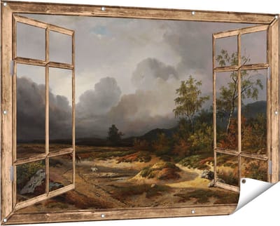Gards Tuinposter Doorkijk Landschap bij Naderend Onweer - Willem Roelofs - 150x100 cm - Tuindoek - Tuindecoratie - Wanddecoratie buiten - Tuinschilderij