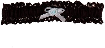 Kousenband Zwart met Broderie & Lichtblauw Strikje met Roosje - 33cm Elastisch