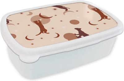 Broodtrommel Wit - Lunchbox - Brooddoos - Patronen - Kat - Maan - Pastel - Meisjes - Kinderen - Kids - 18x12x6 cm - Volwassenen