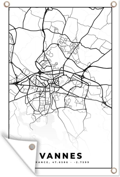Muurdecoratie Kaart - Plattegrond - Vannes - Frankrijk - Stadskaart - Zwart wit - 120x180 cm - Tuinposter - Tuindoek