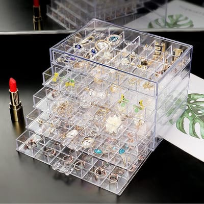 Famanu – Acryl oorbel opbergdoos met 3 laden en 72 compartimenten, transparante organizer voor sieraden, 22 x 14 x 14 cm