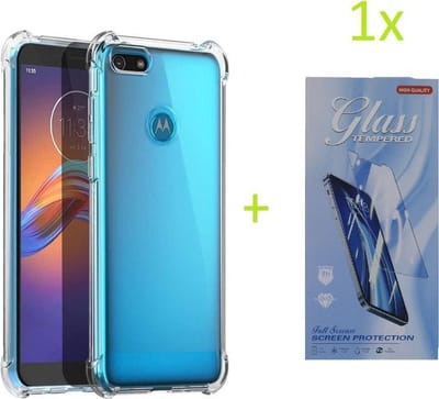 Hoesje Geschikt voor: Motorola Moto E6 Play - Anti Shock Silicone Bumper - Transparant + 1X Tempered Glass Screenprotector