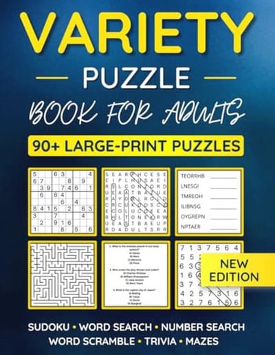 Grootformaat Puzzelboek voor Volwassenen: 90+ Puzzels, Woordzoeker, Sudoku, Trivia en Meer