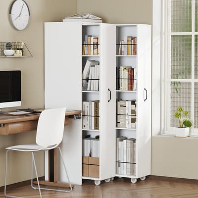 REDOM - Uitschuifbare boekenkast - 2 losse modules met wielen - 8 legplanken en metalen stangen - Moderne stijl - Woonkamer of badkamer - MDF - Wit - 51,5 x 41 x 158 cm