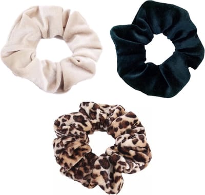 Scrunchie 3 stuks Velvet Extra Vol en Luxe - haarelastiek haarwokkel scrunchies - beige - donker turquoise - panterprint bruintinten - Kraagjeskopen.nl