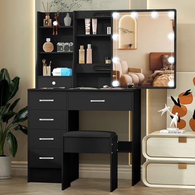 Kaptafel met spiegel - Kapmeubel met kruk - Make-up aanbrengen - Drie lichtkleuren - 80 x 36 x 131 cm