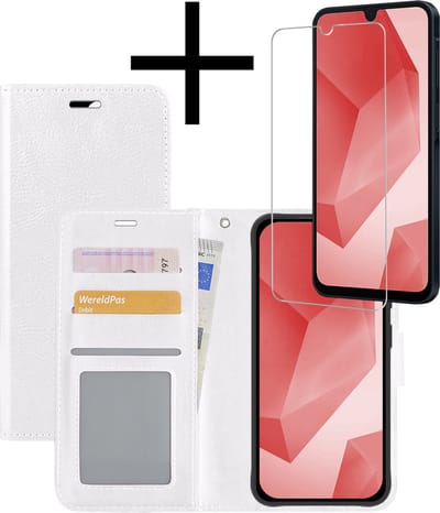 Hoesje - Met Screenprotector - Geschikt voor Samsung Galaxy A16 - Luxe Pasjeshouder - Bookcase Portemonee - Flip Case - Kunstleer Book Case - Flipcase - Book Cover - Walletcase - Portemonneehoes - Wit