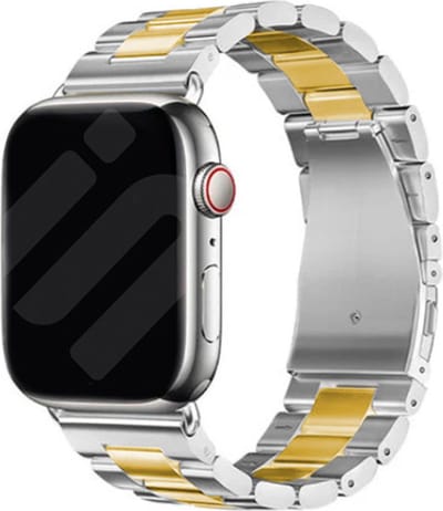 Strap-it Stalen schakel band - Geschikt voor Apple Watch bandje - Series 1/2/3/4/5/6/7/8/9/10/11/SE/SE2/SE3 - Zilver/Goud - Metalen band met RVS vlindersluiting - RVS iWatch bandje voor maat: 38 / 40 / 41 / 42mm