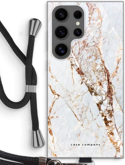 Case Company® - Hoesje met koord geschikt voor Samsung Galaxy S24 Ultra hoesje met Koord - Goud marmer - Telefoonhoesje met Zwart Koord - Bescherming aan alle Kanten en Over de Schermrand