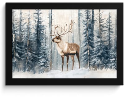 Poster in lijst - Fotolijst 30x20 cm - Posters - Rendier - Sneeuw - Woud - Wit - Posterlijst zwart - Decoratie - Wanddecoratie woonkamer - Muurdecoratie slaapkamer