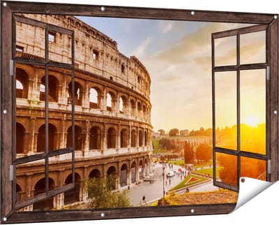 Gards Tuinposter Doorkijk Colosseum bij Zonsondergang in Italïe - 150x100 cm - Tuindoek - Tuindecoratie - Wanddecoratie buiten - Tuinschilderij