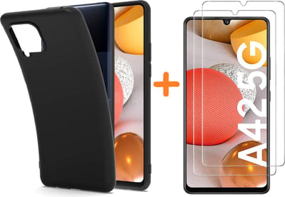 Hoesje Geschikt Voor Samsung Galaxy 42 Hoesje Zwart siliconen backcover TPU Back case met Galaxy A42 5G met 2 Pack Screenprotector Glazen tempered glass
