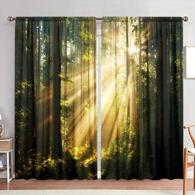 2 stuks Zonlicht Schijnt op het Bos Bedrukte Gordijn voor Huisdecoratie - Tunnel voor Roede Raambekleding voor Slaapkamer, Kantoor, Keuken 132cmX160cm X 2pcs