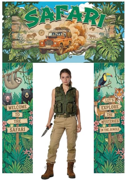 Dailygoods - WADORN Safari Dieren Feestfoto Veranda Banner, 22 x 15 cm Jungle Safari Verjaardagsfeestdecoraties Jungle Avonturen Thema Veranda Deur Achtergrond Banner Opknoping Benodigdheden voor Dierentuin Wilde