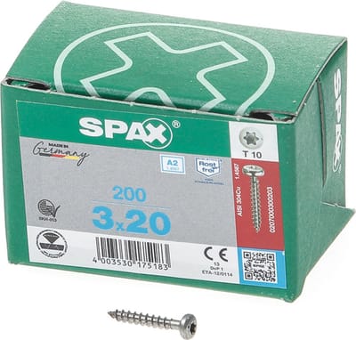 Spax - Spaanplaatschroeven - Torx 10 Bolkop - 3,0 x 20mm - Voldraad - RVS (200 stuks)