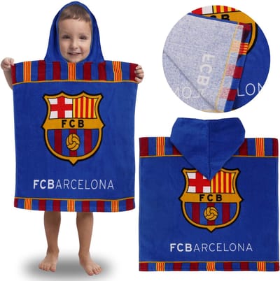 FC Barcelona Zwembadlaken voor kinderen, SNELDROGENDE poncho met capuchon voor jongen, 100% KATOEN 50x100 cm OEKO-TEX