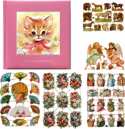 Poëziealbum - 16x16 - Lichtroze - Poes met roze strik - met 5 vellen Poëzieplaatjes - Versjes - Gedicht - Cadeau - Sint - Geschenk - Knutselen - Hobby - Creatief - Scrapbook - Poezie