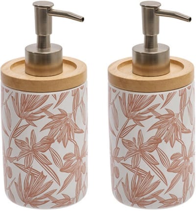 5five Zeeppompje / zeepdispenser - 2x - Pinkflora - wit/roze/zilver - 280 ml - badkamer - keuken - toilet - polyresin kunststeen