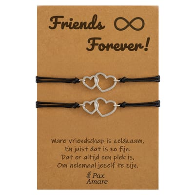 Vriendschapsarmbandjes voor 2 " Friends Forever ∞" - Verbonden Hartjes - BFF Armbandjes met Persoonlijk Cadeau Kaartje - Zilverkleurig - Elastisch Verstelbaar - Pax Amare