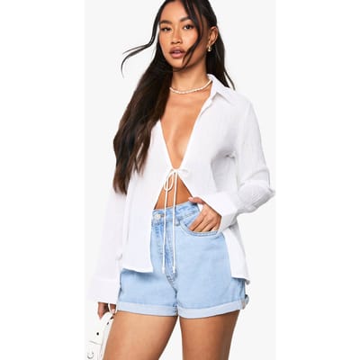 boohoo Dames High Taille Denim Shorts met Opgerolde Zoom | Licht Gebleekt | Maat: 34