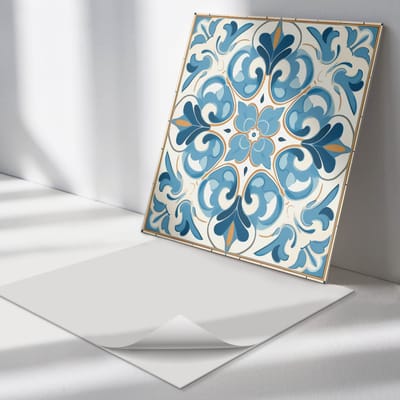 Wallfluent Vinyl Tegels - Plantenpatroon in Symmetrie Zelfklevende Vinyl Tegels - 30 cm x 30 cm - Blauw Vinyl Tegels - 9 stuks - Vierkant PVC Tegels - Texturen Plaktegels - Vinyl Wandtegels - Plaktegels Keuken en Badkamer