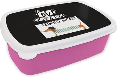 Broodtrommel Roze - Lunchbox - Brooddoos - Quotes - Honden - Spreuken - Love is a four legged word - 18x12x6 cm - Kinderen - Meisje