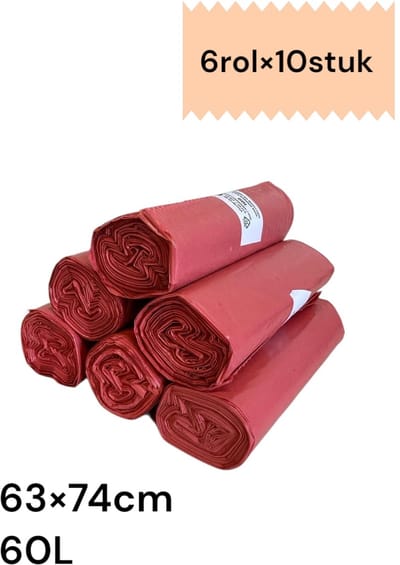 Afvalzakken – 100% rood recycle vuilniszakken / lekbestendig / 6 rollen x 10 stuks ( 60stuks ) / 45 liter / 63*74 cm.