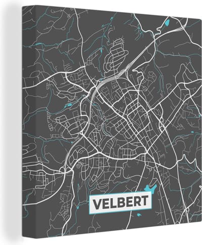 Canvas Schilderij Blauw – Duitsland – Plattegrond – Stadskaart – Kaart – Velbert - 20x20 cm - Wanddecoratie